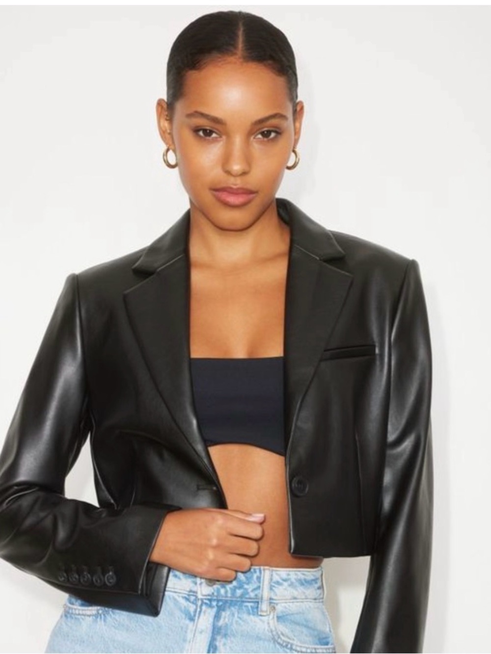 Dynamite Cropped Faux Leather Blazer - Black